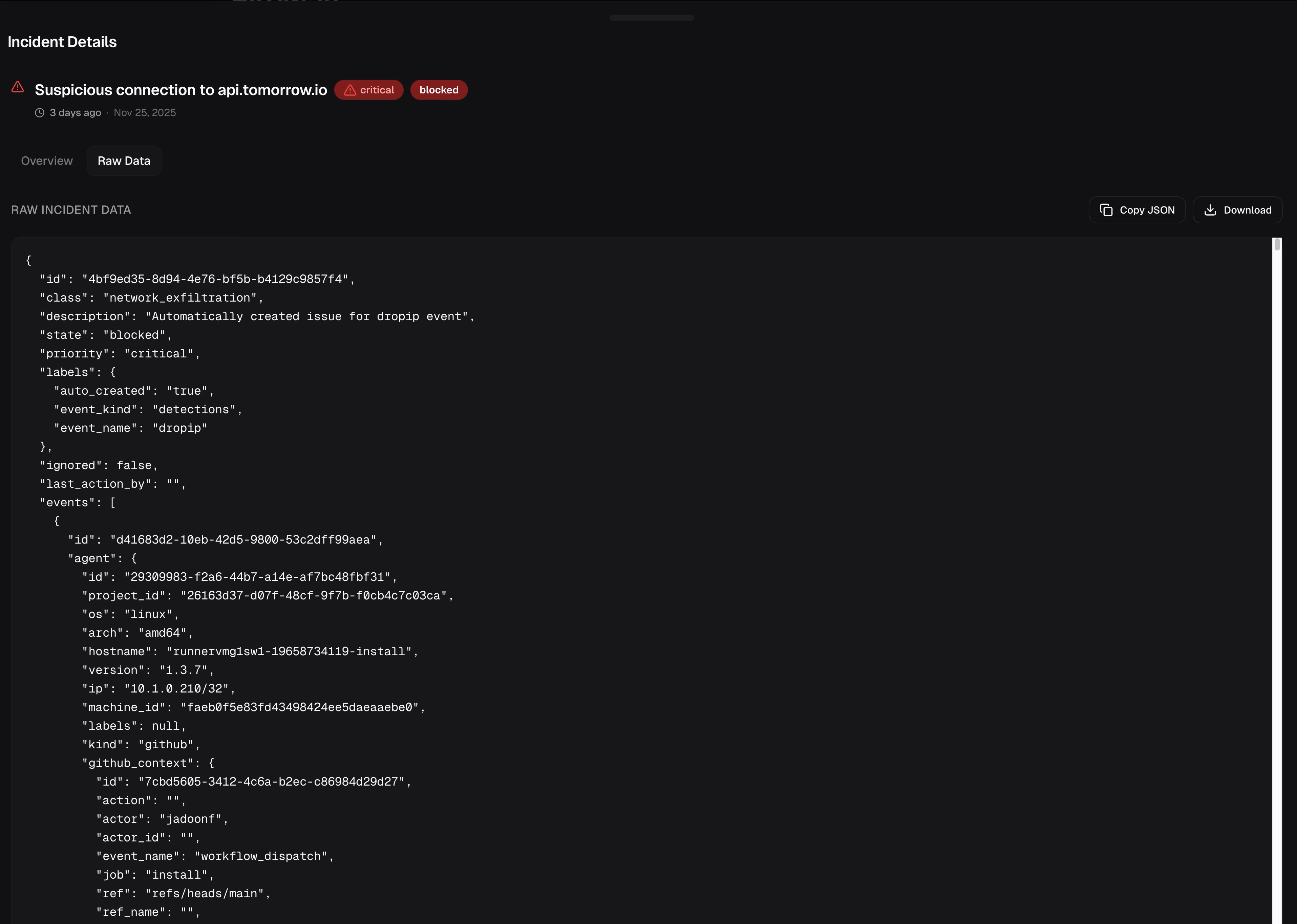 Garnet incident details showing blocked egress attempt to api.tomorrow.io